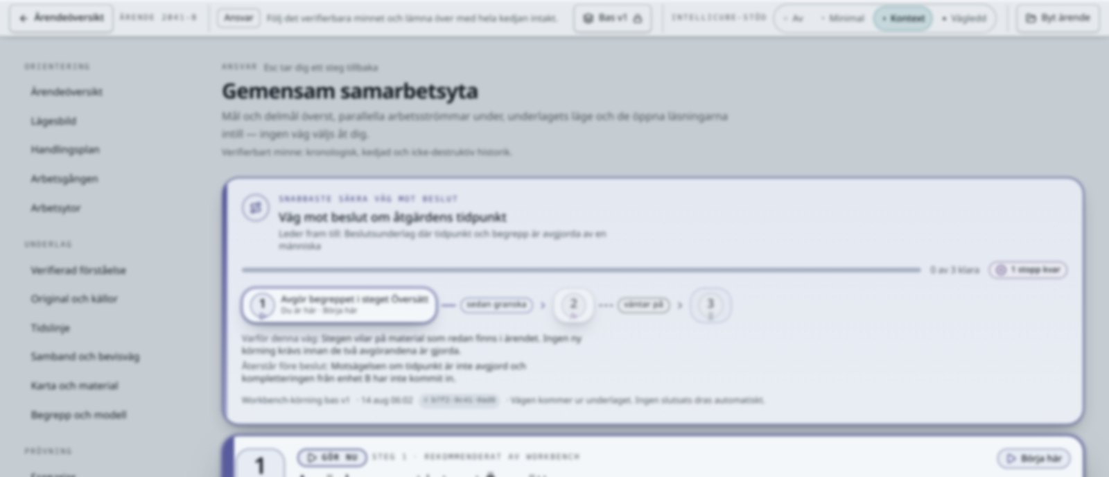 Skymt av Intellicube Workspace: den gemensamma samarbetsytan med ärendets vägval och underlag